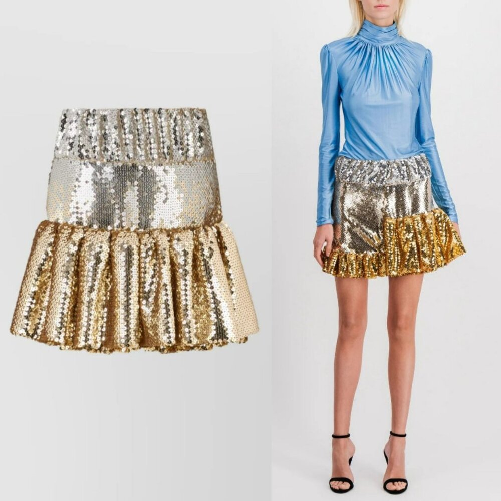 Paco Rabanne Gold Silver Tiered Sequin Mini Skirt 36 Ruffle